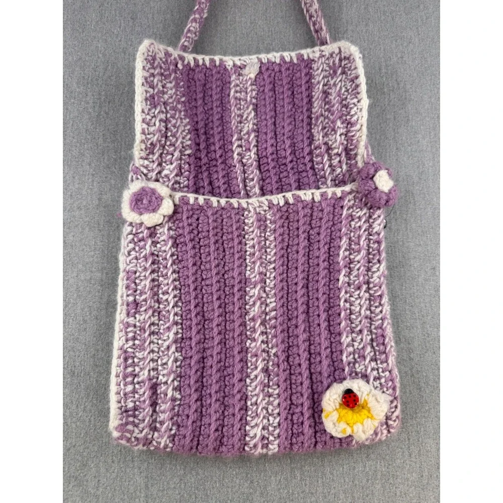 Handmade Crochet Crossbody Bag Purple White Daisy Ladybug Cottagecore Boho - Picture 3 of 15